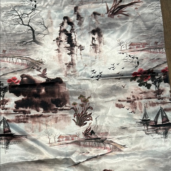 100% Silk Scarf Shaw Wrap Toile Gray Brown, Pink Floral, Boats, Tree - Picture 5 of 11